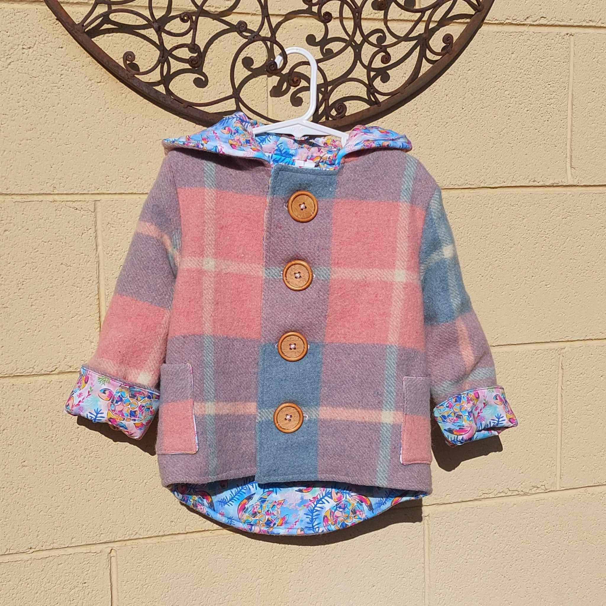 Upcycled Pure Wool Blanket coat Pink Plaid Size 3