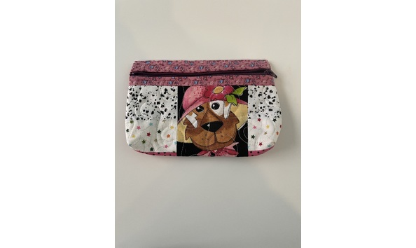 Big image brown dog with pink flower hat zippered dogs pouch   annual auction