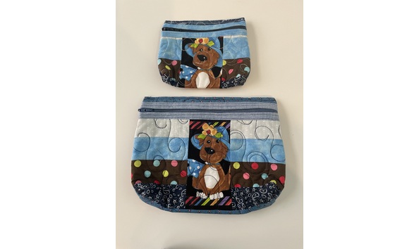 Big image brown dog with flower hat matching pouches   larger pouch   smaller coin pouch  zippered dogs pouch.   annual auction