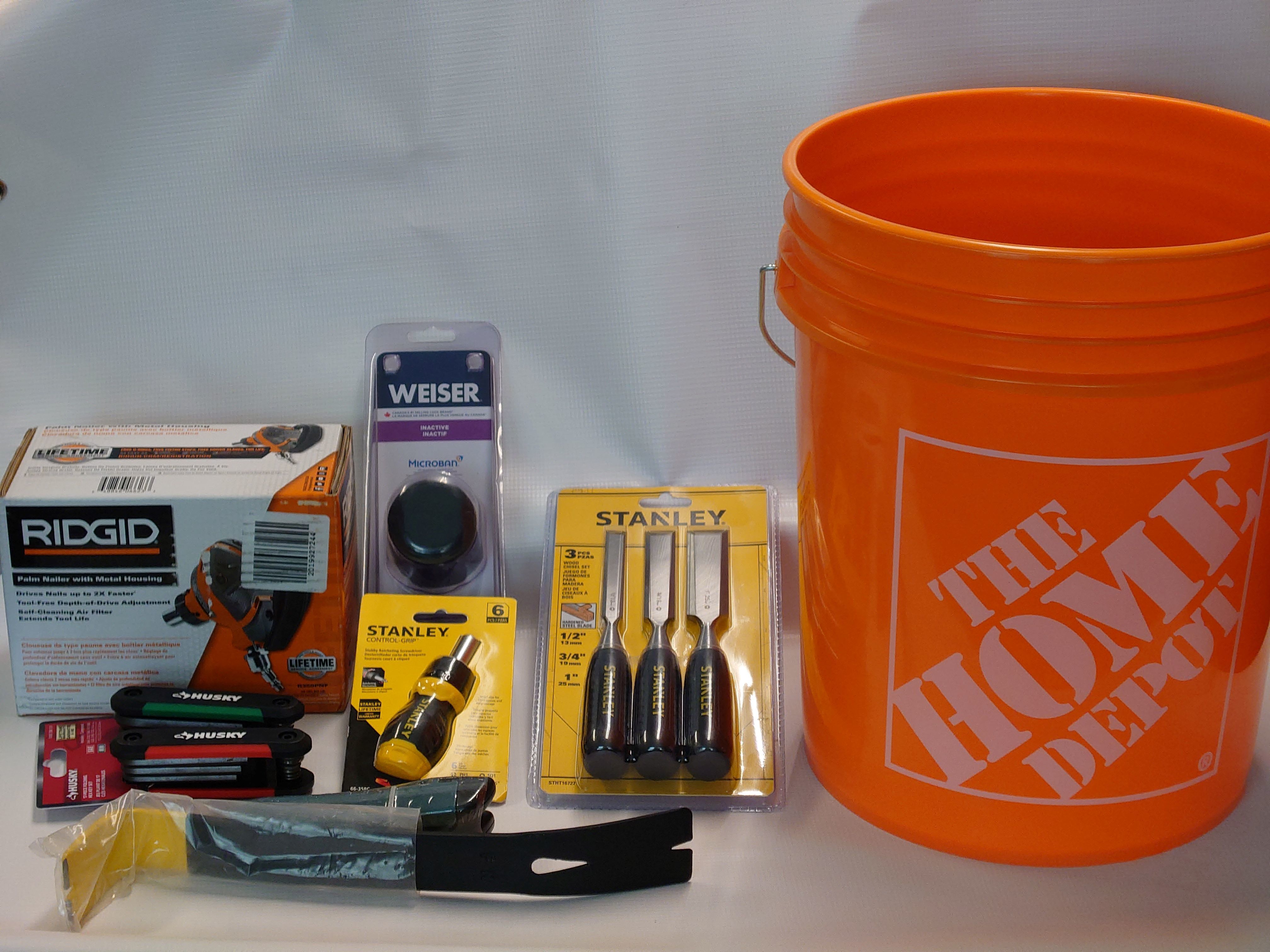 Home Depot Bucket Filled with Assorted Items