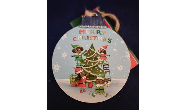 Big image merry christmas elves decorating flat ornament