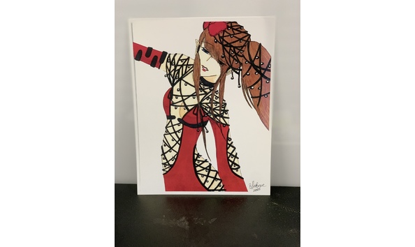 Big image 202211art067   original anime woman character in risque  red outfit with black netting and bells original print