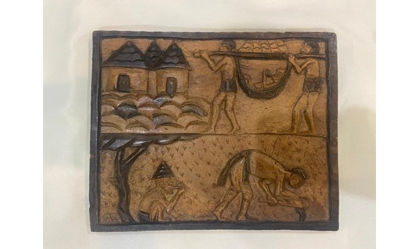 Big image village scene wall carving from guinea