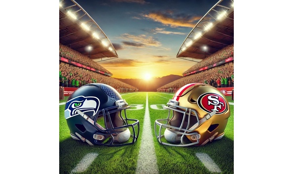 Big image dall e 2024 10 09 19.09.54   an exciting football stadium scene featuring two helmets  one from the seattle seahawks and the other from the san francisco 49ers  placed on a green 