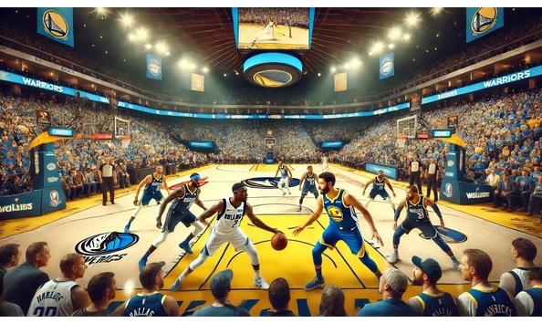 Big image dall e 2024 10 09 20.37.29   a basketball game between the golden state warriors and the dallas mavericks. the image captures an intense moment on the court with players from both