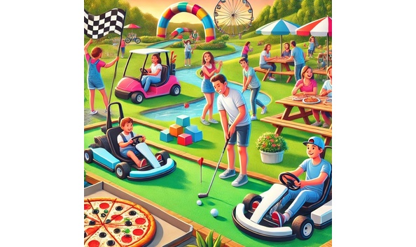 Big image dall e 2024 10 11 19.44.32   a lively family friendly scene featuring an outdoor mini golf  putt putt  course  with colorful obstacles  families playing together and having fun. n