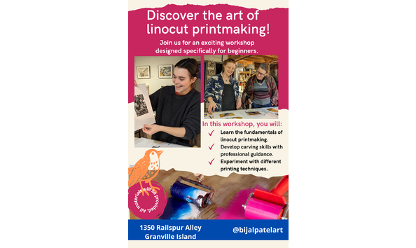 Big image linocut printmaking workshop flyer
