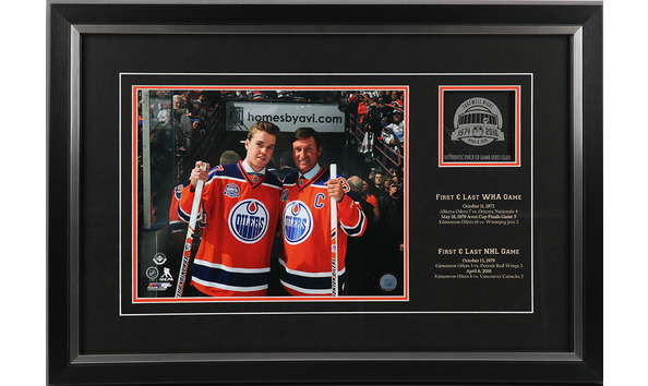 Big image rexall place last game gretzky    mcdavid with game used etched plexi