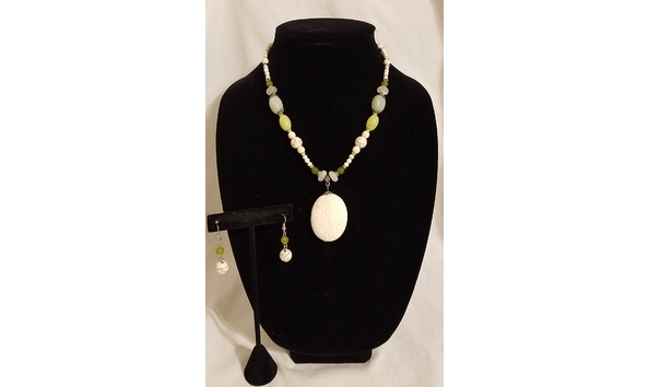 Big image semi precious olive cream stone necklace and earring set