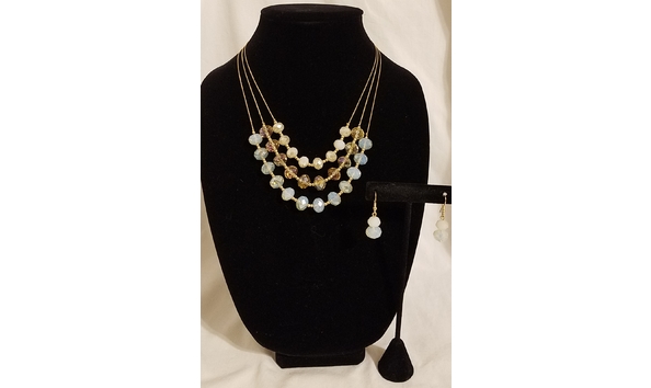Big image crystal and beaded triple gold chain necklace and earring set