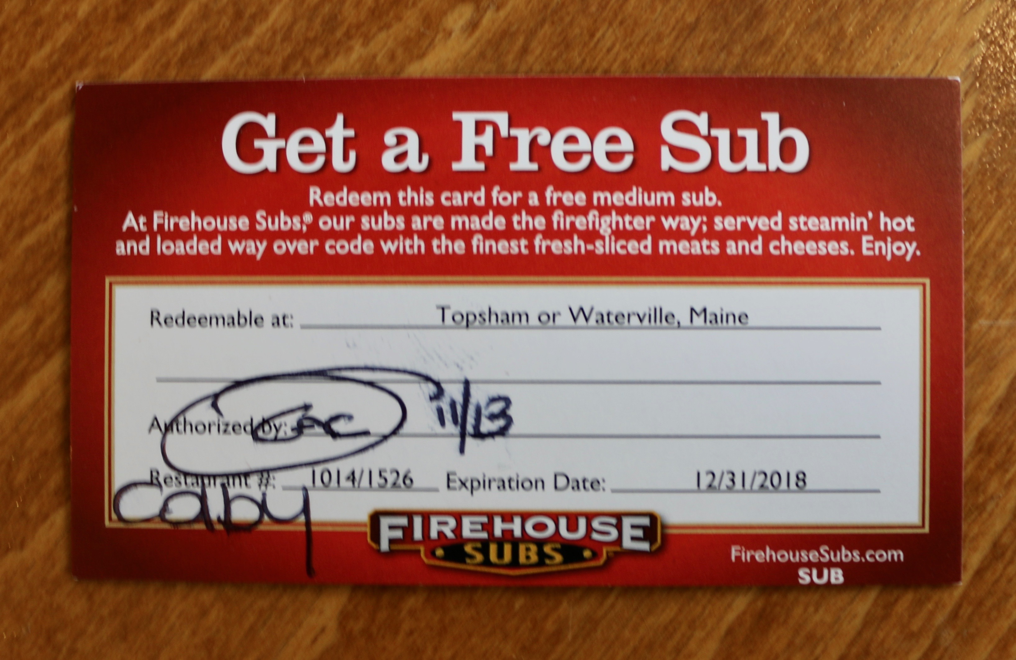 7 Free Sub Cards to Firehouse Subs (expire at end of 2018)