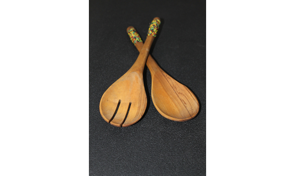 Big image kenyan hand carved   beaded mahogany wood spoon fork salad 3