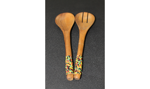 Big image kenyan hand carved   beaded mahogany wood spoon   fork salad