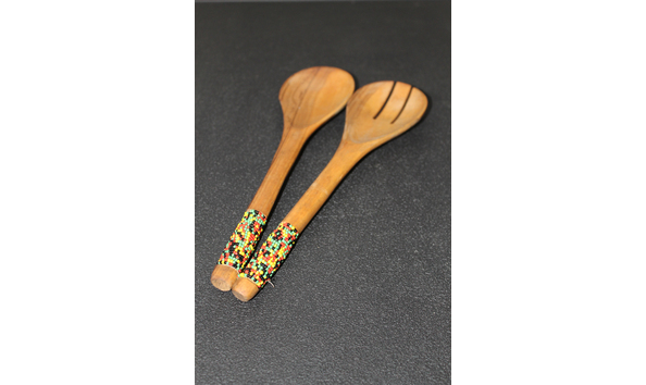 Big image kenyan hand carved   beaded mahogany wood spoon fork salad 2
