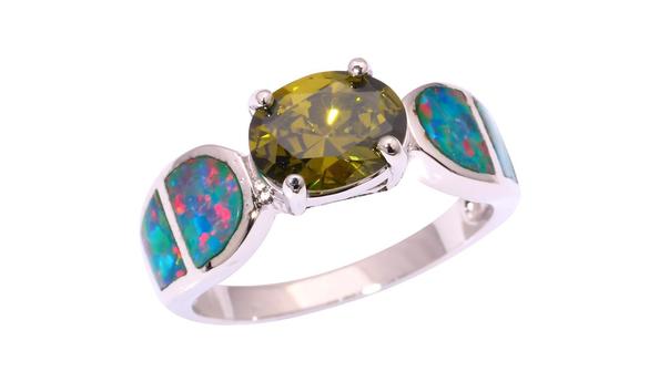 Big image rainbow fire opal peridot silver ring