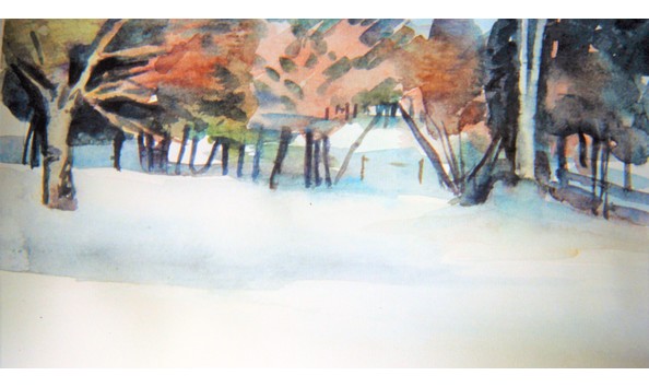 Big image s. sutro  blue mountain winter  2  watercolor 11x18  framed 15x21   1985   sarah sutro