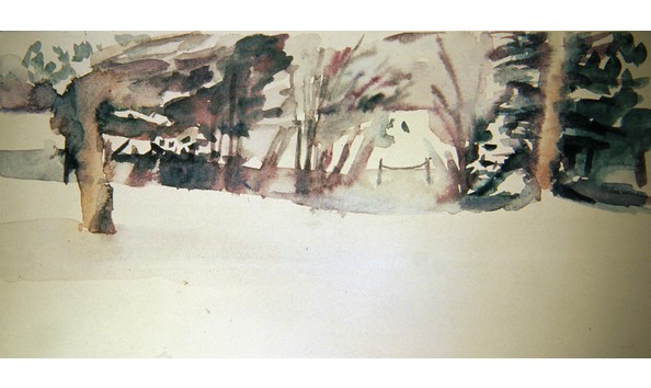 Big image ssutro  blue mountain winter  1  watercolor  10x21   framed 13x25   1985   sarah sutro