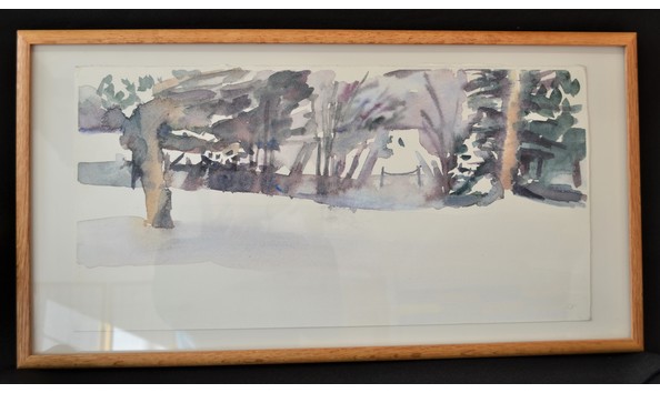 Big image ssutro blue mountain winter  1  13x25  framed  watercolor 1985