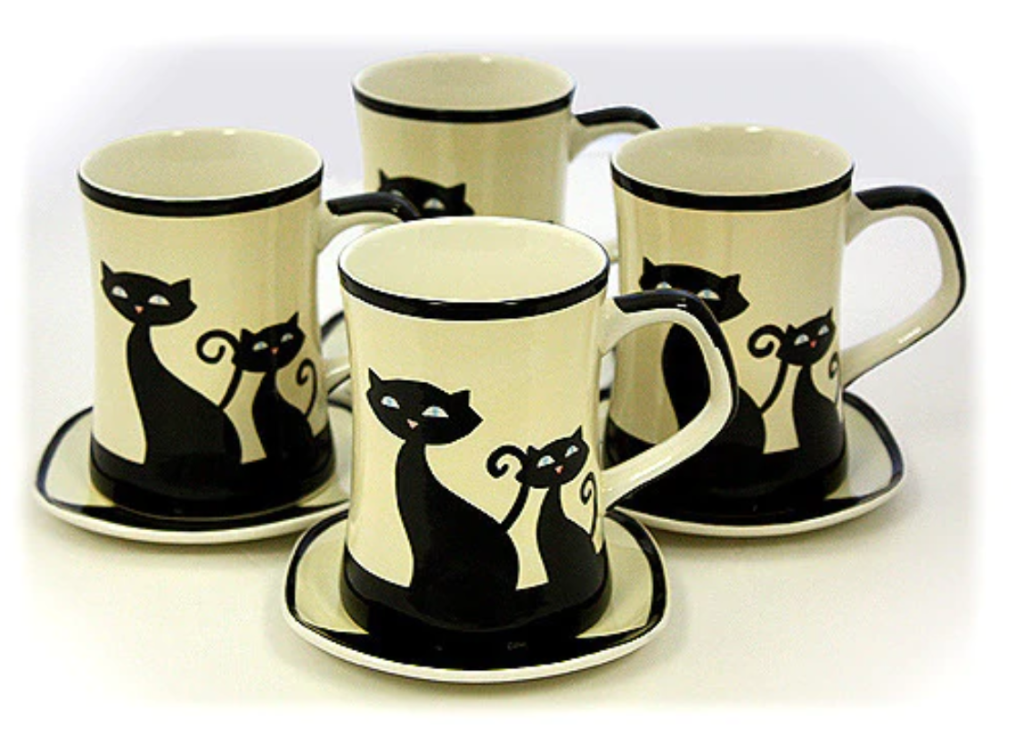 Hues n Brews Square Kitty Teapot with Matching Mugs and Saucers