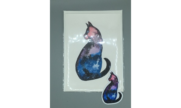 Big image 202204stat005   watercolor galaxy sitting cat card and sticker
